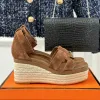 Designer kvinnors höga häl sandaler sommarvattentät plattform tjock sula high end äkta läder matsutake vävt häl sluttning häl sandaler