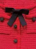 Casual Dresses 2024 Spring Women Square Collar Knit Dress Bow Tie Red Single Breasted Long Sleeve Mini Robe for Female
