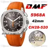 OMF 5968A ETA A7750 A520 Automatisch Chronograph Mens Watch Stahlhülle graues Textur Dial Orange Gummi -Gurt Date Spure Edition 20212010