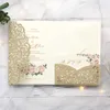 Печать Custom Blittery Rose Laser Cut свадебные приглашения, набор с RSVP-конвертом Belly Band Band Tri-Trea Pocket Invites Supply Supply