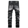 Men's Jeans Five Pointed Star Leather Ripped Hip Hop Black Denim Pants Slim Punk Casual Trousers For Men