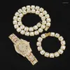 Chaines Hip Hop 12 mm 3pcs Kit Collier Watch Bracelet Bling Crystal Iced Out Cuban Rimestones For Women Men Bijoux
