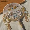 Janevini Lüks İnci Mavi Gelin Fan Antik Çin tarzı Aplike Altın Boncuklu Kristal Gelin Fan Düğün Buketleri Çiçekler