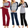 Kvinnor Maternskap Pyjamas 2st Set Summer Short Sleeve Solid Nursing T-Shirt Topps+Pants Sleepwear Set Amming Nightwear