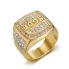 Hip Hop Square Stainless Steel BOSS Letter Casting Ring Real Gold Plated Jewelry