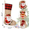 Bas de Noël à carreaux 18 "Burlap Kids Stockings Bulk With 3D Santa Snowman Rendeer Holiday Ordin de Noël décorations