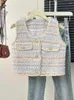 Kamizelki damskie Kimotimo moda tweed w paski kobiety letnie kolor kontrastowy krótki kurtki francuskie vintage w kamizelkę