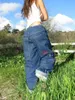 Vintage Big Pocket Baggy Blue Jeans Frauen Casual Mode Mode High Taille Letter Muster Hosen Harajuku Weitbein gerade Hosen 240401