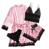 Frau Nachtwäsche 4pcs Blumenspitzen -Trimm -Satin -Pyjamas Set mit Robe sexy Faux Seiden Pijamas Robe Sets lässige Heimkleidung Nachtwäsche