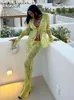 FSDA Print Y2K Mesh Long Sleeve Top Shirts Green And Maxi Skirt Bodycon Sexy Two Piece Sets Beach Outfits Women Club 240410