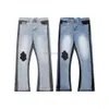 Trendy High Street Mens Fashion Designer Jeans Blue Denim Flared Pants Pant Youth Rivet Print Patch White Jean Embroidery Boys Kecks