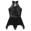 TiaoBug Women Performance Dance Costume Halter Shiny Sequin Mesh Splice Irregular Ballet Gymnastics Leotard Figure Skating Dress