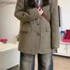 Kadınlar Suits Blazers Modaya uygun Maillard Style Vintage Zarif Çizgili Kadın Yün Takım Ceket Sonbahar ve Kış Gevşek All Maç Sıcak Takım Üst C240410