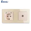 Esooli Black Crystal Glass Panel EU Standard Electric Socket with 2 USB + Female TV Connector 172*86mm Enchufe Pared USB