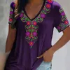 Embroidery Flower 3D Print Boho Summer Women Tshirt Vintage Vneck Short Sleeved Ethnic Pullover Blouse Tops Female Clothing 240319