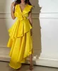 Elegant Long Yellow Satin V-Neck Evening Dresses A-Line High Low Tea Length Zipper Back Muslim Formal Party Gown for Women