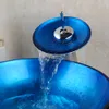 KEMAIDI Artistic Glass Vessel Basin Sink Chrome Faucet & Pop-Up Drain Combo Set Bathroom Basin Sink Set Waterfall Mixer Tap