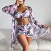 Women's Swimwear Tropical Print Bikini Three Pieces Bikinis Set Drawstring Cover Up Women Swimsuit Long Sleeve Biquini Bathing Suit