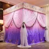 Luxury Trois portes Mosquito Net Pink Flower Printing Bed Lit Curtain King Queen Size Bread Grad-Admor