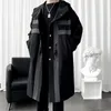 Men's Trench Coats 2024 Autumn Windbreaker Patchwork Color Medium Long Trenchcoat Korean Fashion Covered Button Male Hooded Jacket