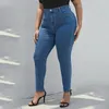 Plus Size Women Pencil Jeans Hög midja stretchiga jeans Summer Thin Light Blue 6xl 8xl Mamma kurva dam 120 kg i full längd byxor