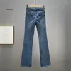 Frauen Jeans Damen hohe Taille schlafe geschlitzte Frauen Perlen -Strass -Flare -Hosen dünne elastische Denimhose Frühling Herbst