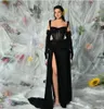 Sexy Black Prom Gowns Sweetheart Mermaid Evening Dresses spaghetti straps Long Formal Beads lace Pleat High side Slit Celebrity Party Dress