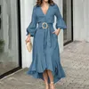 Casual Dresses 2024 Spring Summer Green Western Dress Fashion Full Sleeve V-Neck Turn-Down Collar Solid med fickor Maxi