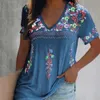 Embroidery Flower 3D Print Boho Summer Women Tshirt Vintage Vneck Short Sleeved Ethnic Pullover Blouse Tops Female Clothing 240319