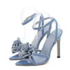 Eilyken kristal çiçek ayak bileği toka kayış ince topuklu denim sandaletler kadın sivri ayak parti kadın ayakkabısı sanalias mujer 240329