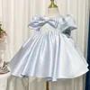 2024 Blue Princess Flower Girls Robes Robes New Luxury Satin Cap Sleeves Special Occasion pour les mariages Robes de bal robes de bal robes de luxe Frist Frist Holy Communion