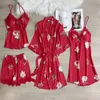 Lace Sleepwear Print Flower Female Nightwear Pajamas Suit With Shorts Satin Loungwear Patchwork Kimono Robe Gown Sexy Pyjamas