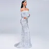 Runway Dresses Sexy Off Shoulder Burgundy Beads Long Sleeve Backless Floor Length Sequin Evening For Women Birthday Wedding Party Dress