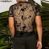 男性Tシャツメッシュストライプoネック半袖透明な男性衣料品セクシーな韓国ファッションティートップS-5XLインカン240328
