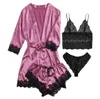 4 Pieces Women's Sexy Satin Sleepwear Pajamas With Robe Lace Lingerie Bathrobe Silk Home Clothed Nightwear Suit Loungewear