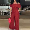 Plus Size Denim Jumpsuit Women Off Shoulder Ruffles Trousers Casual Straight Leg Wide Pants Summer Elegant Clothing 240410