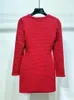 Casual Dresses 2024 Spring Women Square Collar Knit Dress Bow Tie Red Single Breasted Long Sleeve Mini Robe for Female