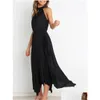 Grundläggande avslappnade klänningar kvinnor s satin cutout halter hals ärmlös formell ruched irregar hem flowy party cocktail maxi klänning droppe delive dhmn4