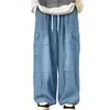 Men's Pants Men Cargo Stylish Oversized With Elastic Waist Multiple Pockets Baggy Denim Trousers For Wide Leg Solid
