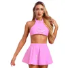 Bras Sets Womens Patent Leather Crop Top With Zipper Flared Skirt Outfits Party Club Backless Sleeveless Halter Vest Tops Miniskirt Set