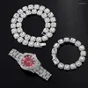 Chaines Hip Hop 12 mm 3pcs Kit Collier Watch Bracelet Bling Crystal Iced Out Cuban Rimestones For Women Men Bijoux