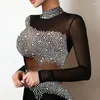 Robes décontractées Lady Elegant Rhingestone épissé en mesh femmes sexy slim fit demi-col haut robe fête mode Banes de danse brillants Vestidos