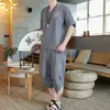 Men's Tracksuits Chinese Style Summertime Sports Sets T-shirt Capri Pants Two Piece Set Soft Fashion Casual Men