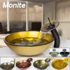 Monite Special Sale Glass Basin Sink Faucet Hand Paint Vessel Sink Bowl with Brass Faucet Water Drain Bathroom Set