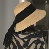 Wide Brim Cloche Straw Hat for Women UPF50 Sun Black Ribbon Knot Woven Bucket Summer Beach Cap Derby 240410