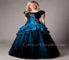 Royal Blue Black Long Ball Jurk bescheiden prom -jurken met dopmouwen Vintage korte mouwen Taffeta Senioren Puffy Prom Party Dressle1772502