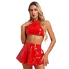 Bras Sets Womens Patent Leather Crop Top With Zipper Flared Skirt Outfits Party Club Backless Sleeveless Halter Vest Tops Miniskirt Set