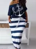 プラスサイズのカジュアル服セットレディースアンカーレタープリント半袖Tシャツストリップスリムフィットスカート2PCS女性PLU 240319