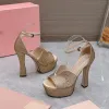 New Golden Crystal embellished Ankle-Strap Platform sandals U-shaped design chunky heels Rhinestones high heeled block heel sandal luxury designer shoes for wome