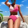 Dames badmode 2024 zomer glanzend zwempakblok kleur backless touwband badpak sexy push up strandkleding bikinis set